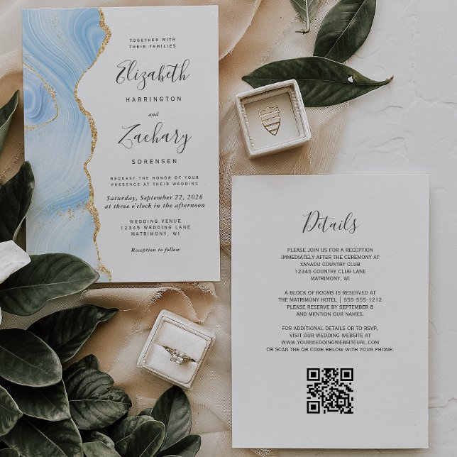 Invitation Mariage Code QR Agate Or Bleu Bébé Moderne (Créateur téléchargé)