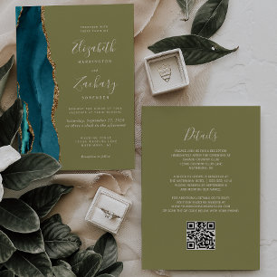 Invitation Mariage Code QR Agate Or Vert Olive