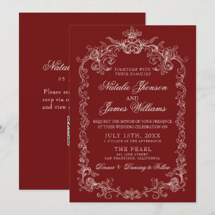 Invitation Mariage Code QR Ancien Argent Profond Rouge