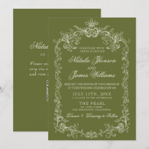 Invitation Mariage Code QR Ancien Argent Vert Olive
