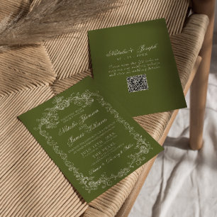 Invitation Mariage Code QR Ancien Argent Vert Olive