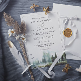 Invitation Mariage code QR aquarelle du lac forestier en bois