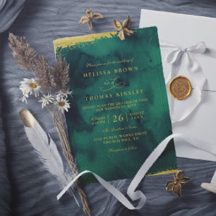 Invitation Mariage Code QR Aquarelle Vert Émeraude Or