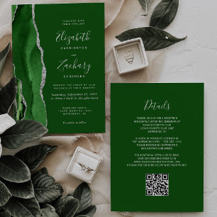 Invitation Mariage Code QR Argent Agate Vert Chasseur Moderne