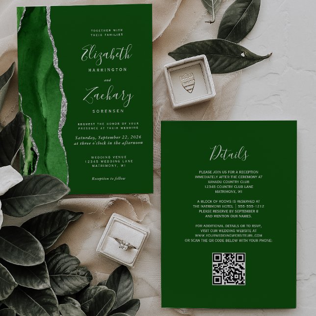 Invitation Mariage Code QR Argent Agate Vert Chasseur Moderne (Créateur téléchargé)