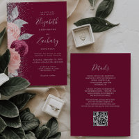 Mariage Code QR Argent Fleurs Bourguignon Blush