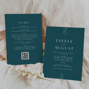 Invitation Mariage Code QR Art Déco Rétro Paon Sarcelle EVERL