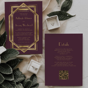 Invitation Mariage Code QR Art Déco Vintage Or Bourgogne Anné