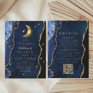 Invitation Mariage Code QR Bleu de la Marine Céleste Lunatiqu