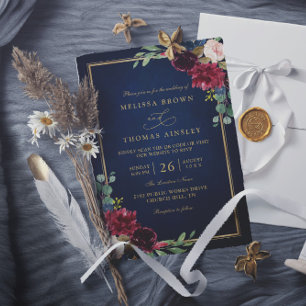 Invitation Mariage Code QR Bleu Marine Or Floral Bourgogne