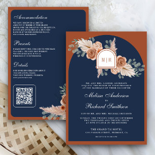 Invitation Mariage Code QR Bleu Nuit Pampas Floral Terracotta