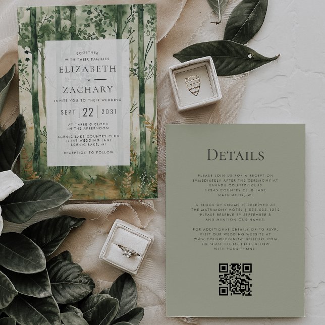 Invitation Mariage Code QR Bois Doré Vert Rustique (Créateur téléchargé)