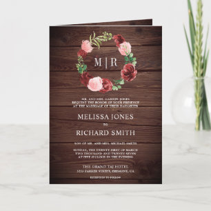 Invitation Mariage Code QR Bois Floral Bourgogne Rose Tendres