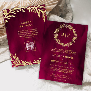 Invitation Mariage Code QR Branche Feuille d'Or Rose Magenta