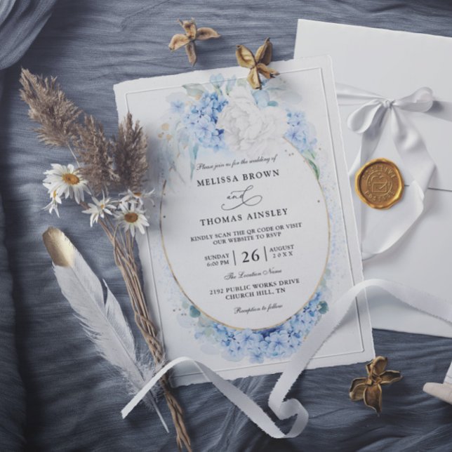 Invitation Mariage Code QR Budget Fleurs Blanches Bleu Poussi (Créateur téléchargé)