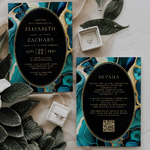 Invitation Mariage Code QR Cadre Ovale Or Agate Sarcelle