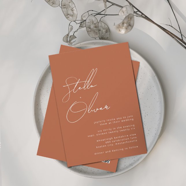 Invitation Mariage Code QR Calligraphie Terracotta Rustique (Rustic Terracotta Calligraphy QR Code Wedding Invitation)