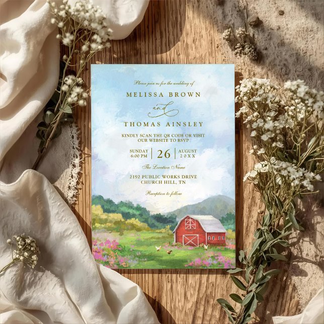 Invitation Mariage Code QR Campagne Rustique Barn Western (Créateur téléchargé)