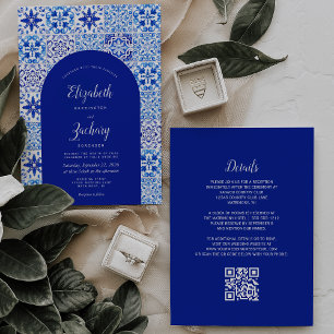 Invitation Mariage Code QR Carreau Portugais Arc Bleu Rustiqu