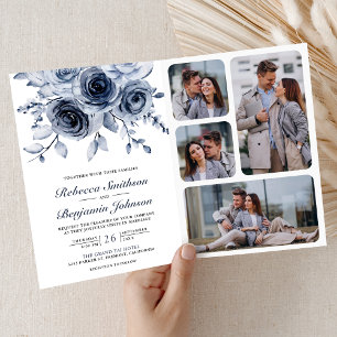Invitation Mariage Code QR Collage Photo Floral Bleu Poussiér