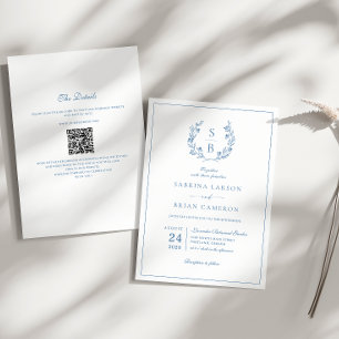 Invitation Mariage Code QR Couronne Monogramme Bleu Royal