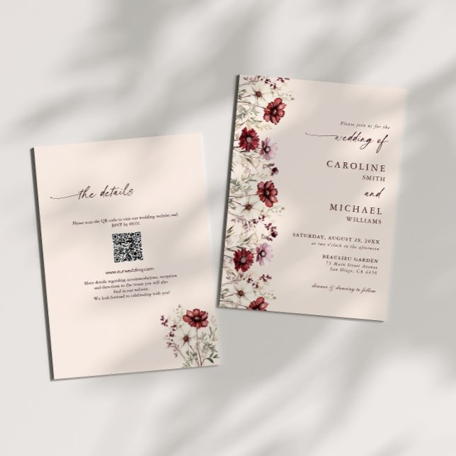 Invitation Mariage code QR de fleur sauvage de Bourgogne  (Créateur téléchargé)