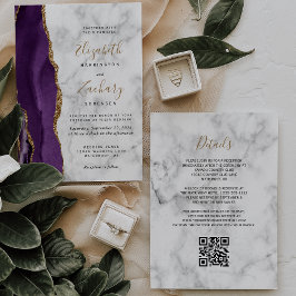 Invitation Mariage Code QR de Marbre Agate Or Violet