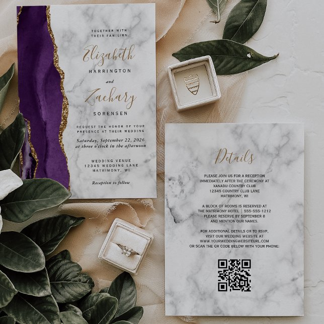 Invitation Mariage Code QR de Marbre Agate Or Violet (Créateur téléchargé)