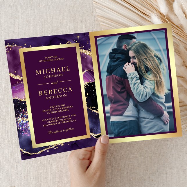 Invitation Mariage Code QR de Marbre Or Violet Prune (Créateur téléchargé)