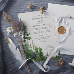 Invitation Mariage Code QR de Montagne Rustique Forêt de Verd