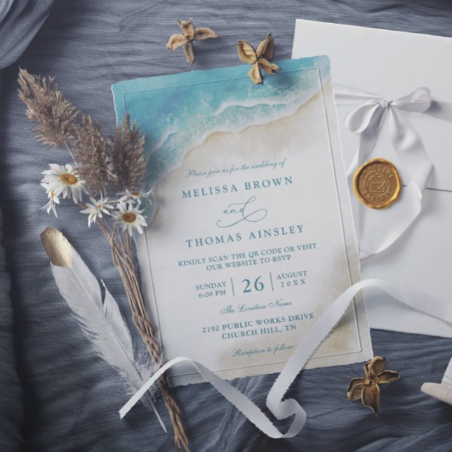 Invitation Mariage Code QR de plage côtière océan aquarelle (Créateur téléchargé)