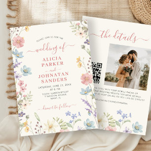 Invitation Mariage code QR écriture élégante bohème fleur sau