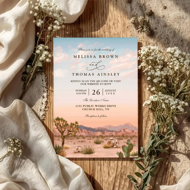 Invitation Mariage code QR élégant rustique cactus désert boh (Créateur téléchargé)