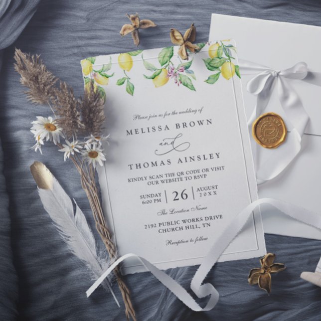 Invitation Mariage Code QR Élégant Rustique Citrons & Fleurs (Créateur téléchargé)