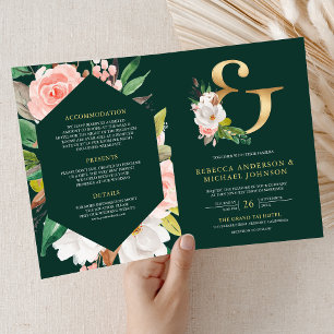 Invitation Mariage Code QR Emeraude Ampersand Floral Rose