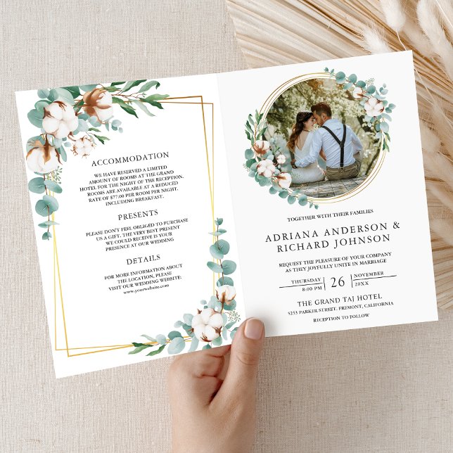 Invitation Mariage Code QR Eucalyptus Coton Or Rustique (Créateur téléchargé)