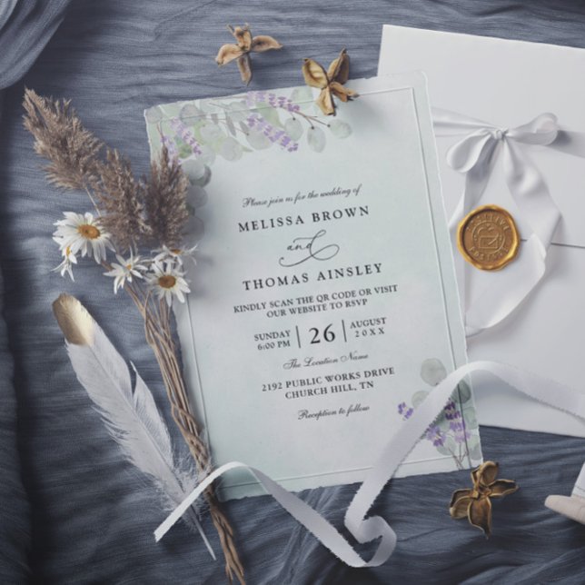 Invitation Mariage Code QR Eucalyptus Lavande Aquarelle (Créateur téléchargé)