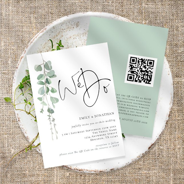 Invitation Mariage Code QR Eucalyptus Moderne Nous Faisons (Front and back view)