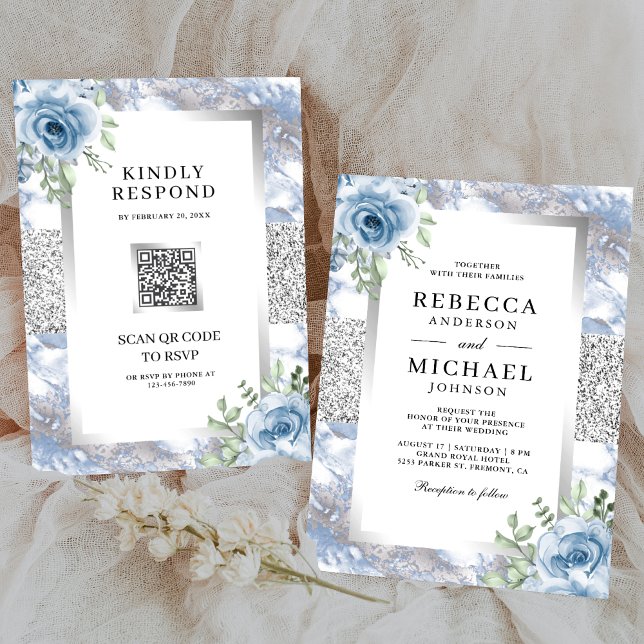 Invitation Mariage Code QR Fleur Bleue Poussière Argentée Mar (Créateur téléchargé)