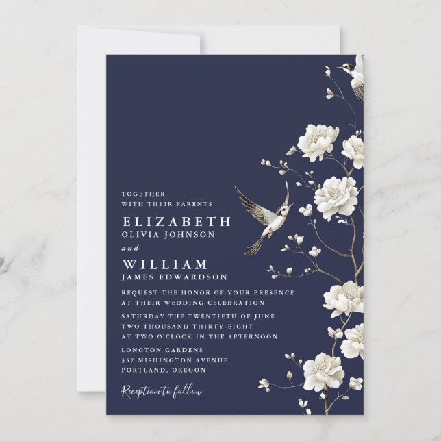 Invitation Mariage Code QR Fleur de Chinoiserie Bleu Marine (Devant)