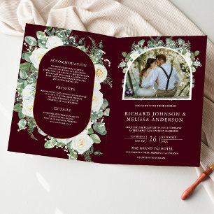 Invitation Mariage Code QR Fleur Florale Ivoire Bourgogne