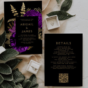 Invitation Mariage Code QR Fleur foncé Or Violet Humeur