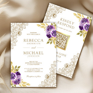 Invitation Mariage Code QR Fleurs Dentelle Violet Poussiéreux