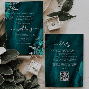 Invitation Mariage Code QR Floral Argent Bleu Canard Élégant