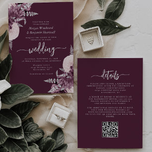 Invitation Mariage Code QR Floral Argent Mauve