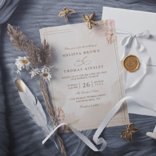 Invitation Mariage code QR floral bohème aquarelle beige