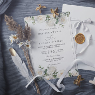 Invitation Mariage Code QR Floral Bohème Chic Roses Blanches