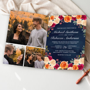 Invitation Mariage Code QR Floral Bourgogne Orange Brûlé Navy
