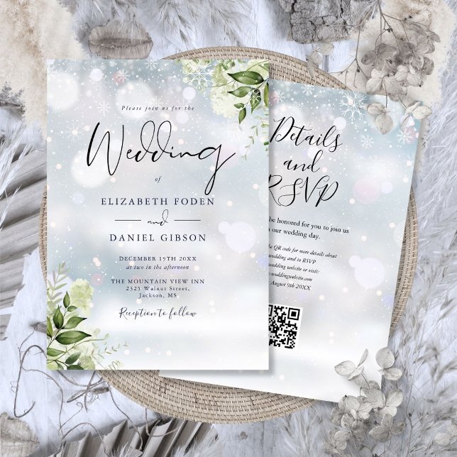 Invitation Mariage Code QR Floral de Verdure d'Hiver (Winter Greenery Floral QR Code Wedding Invitation)