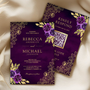 Invitation Mariage Code QR Floral Doré Violet Royal